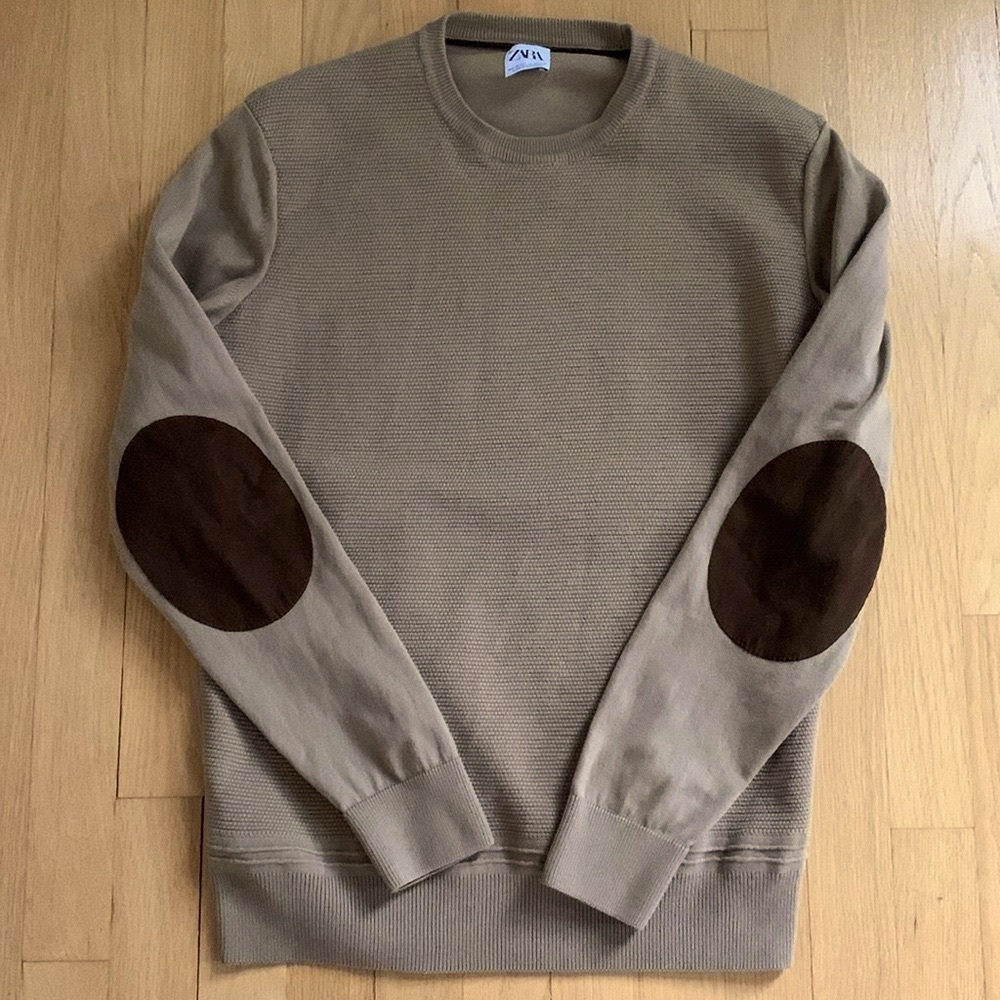 Zara Crew Neck Cotton Sweater With Faux Suede Elbow Patches Tan Medium